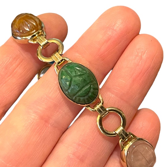 Vintage 10K Gold Filled Egypt SCARAB carved stone bug link bracelet - Picture 7 of 10